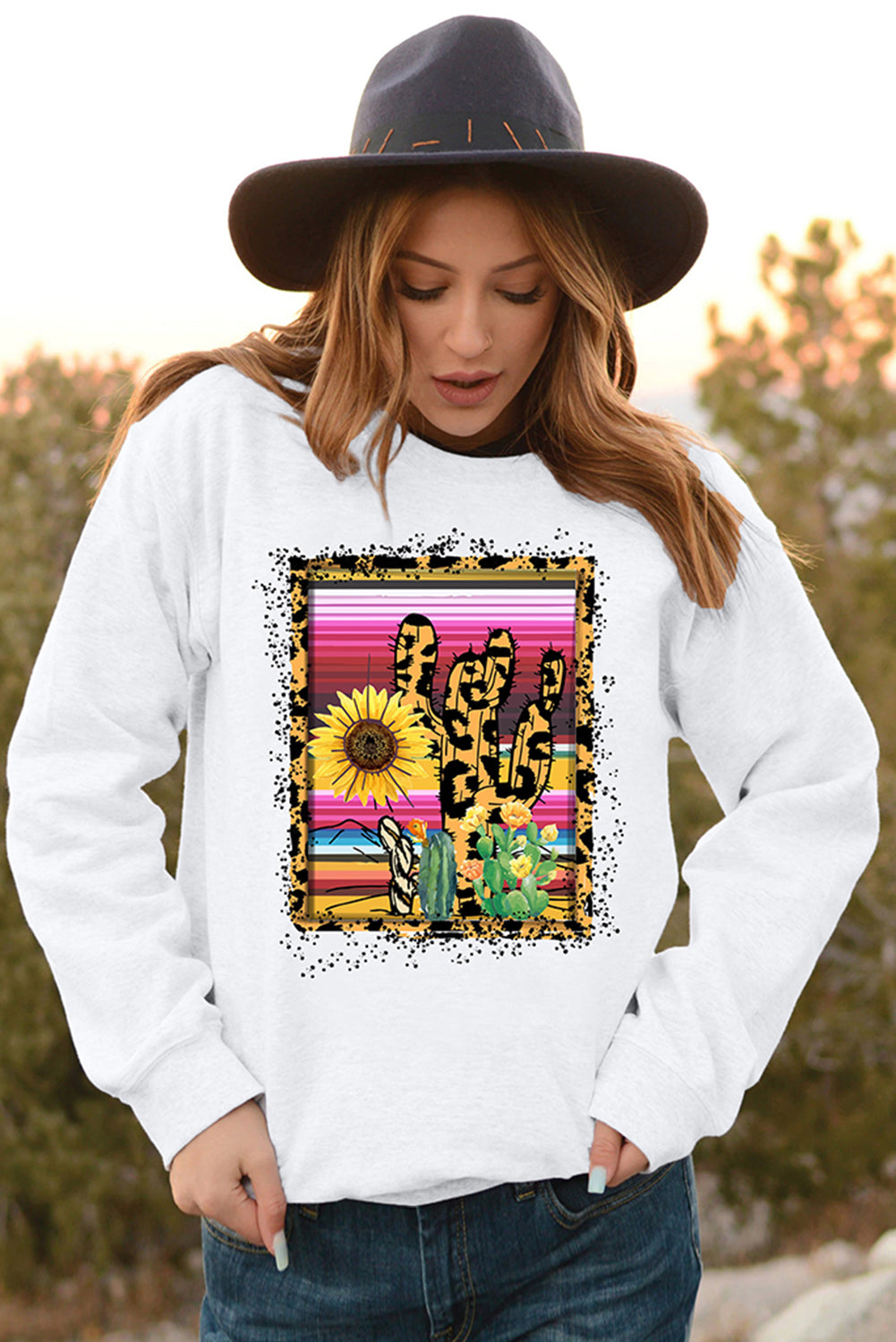 Leopard Cactus Floral Print Crewneck Pullover Sweatshirt