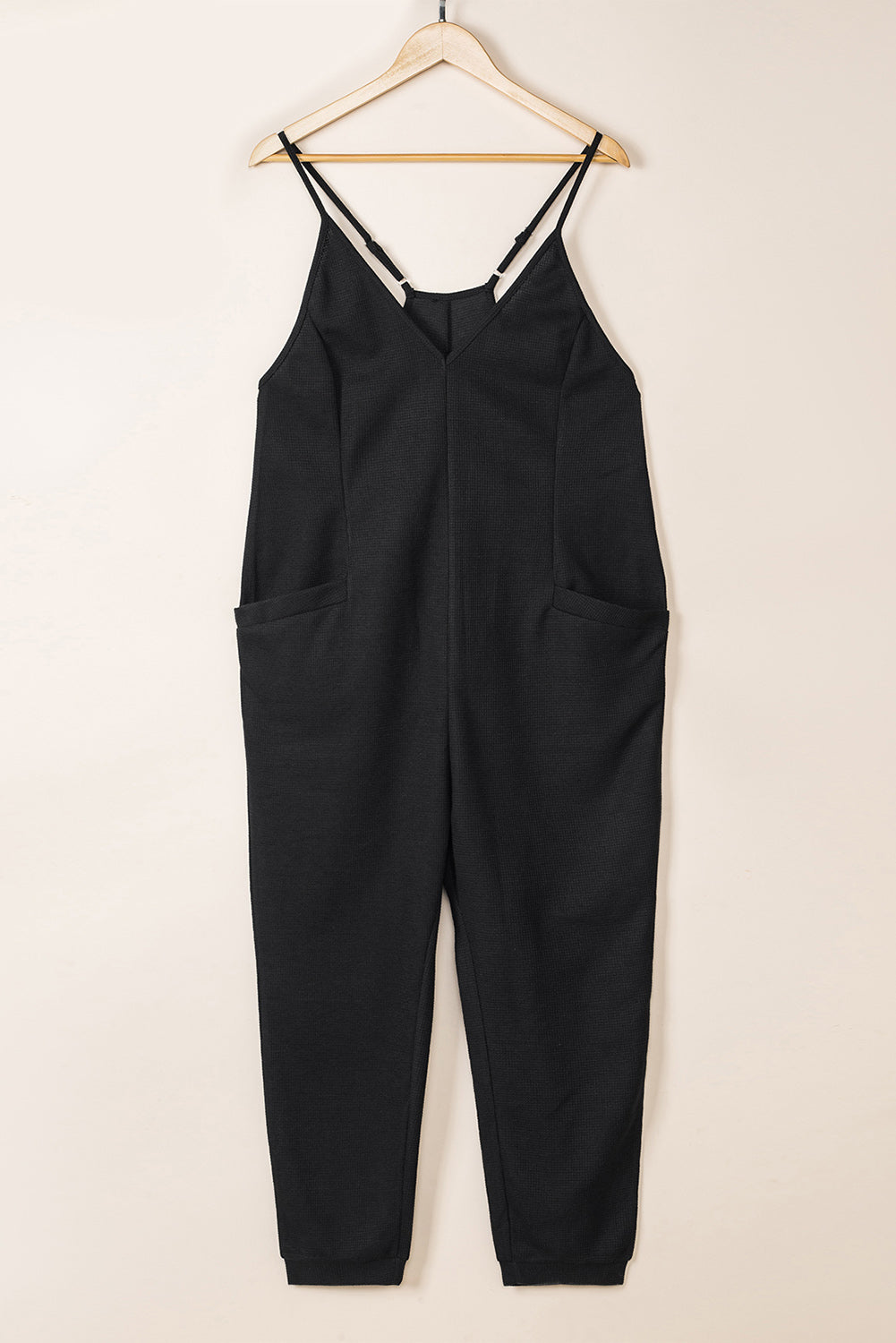 Black Textured Sleeveless V-Neck Pocketed Casual Jumpsuit