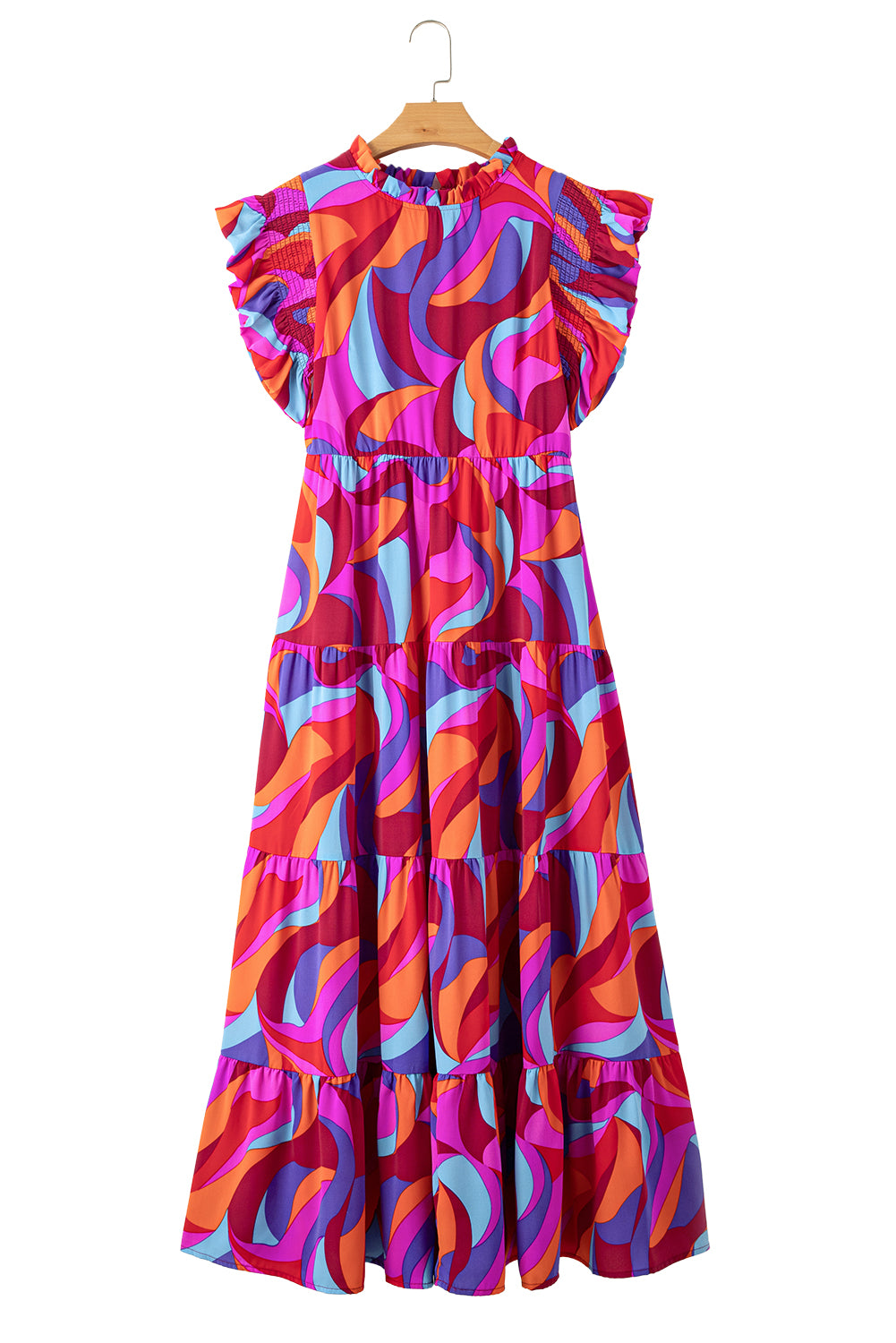 Narančasta dugačka haljina visokog struka s volanima u više slojeva s otisnutim apstraktnim uzorkom