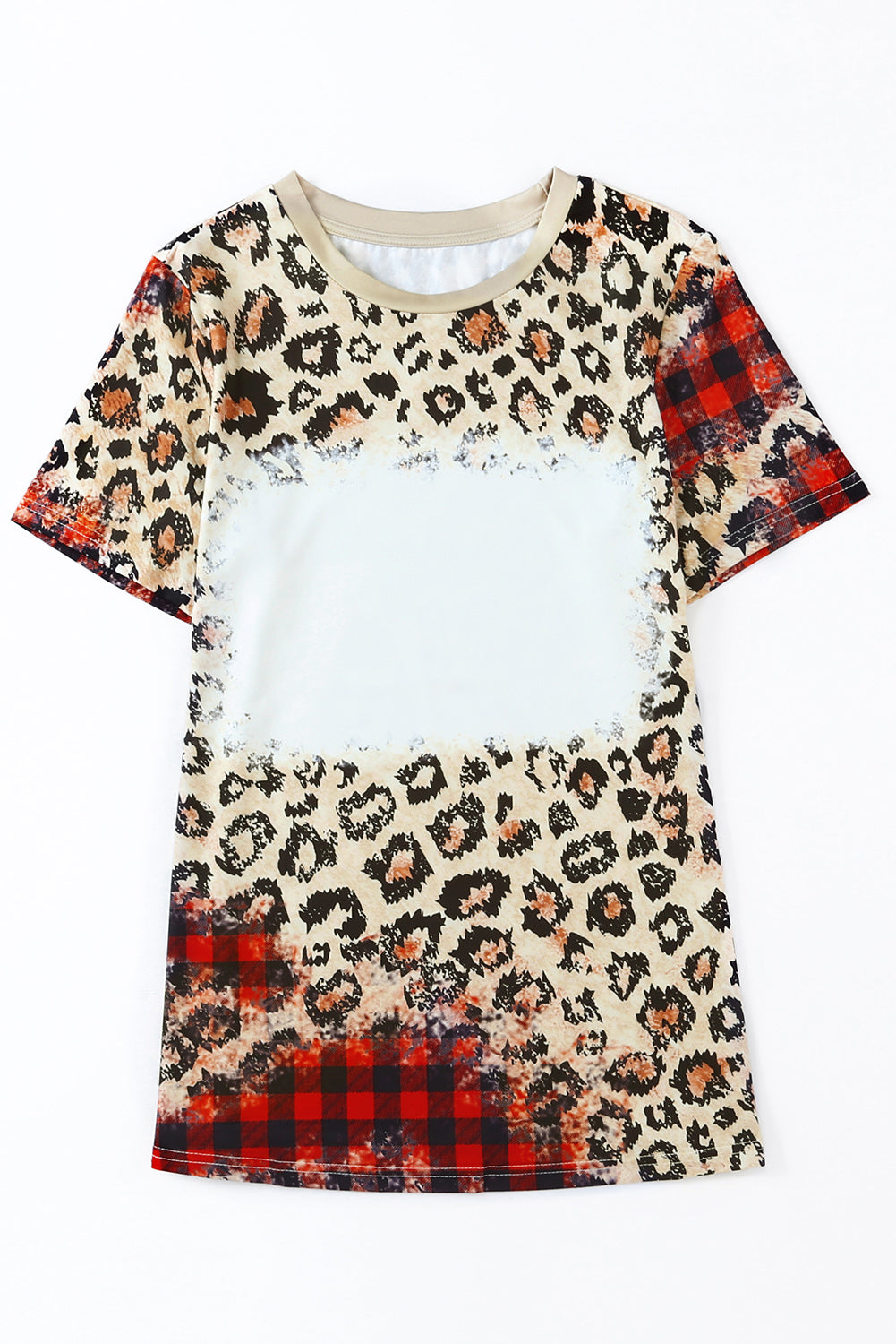 Plaid Bleached Leopard Print Short Sleeve T Shirt