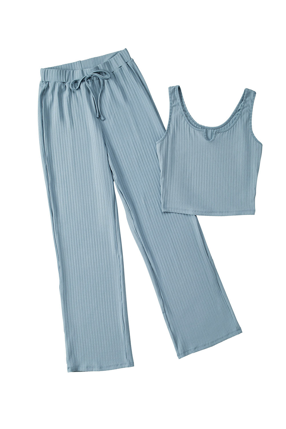 Blaues, geripptes Crop-Tanktop-Lounge-Hose-Set mit Kordelzug