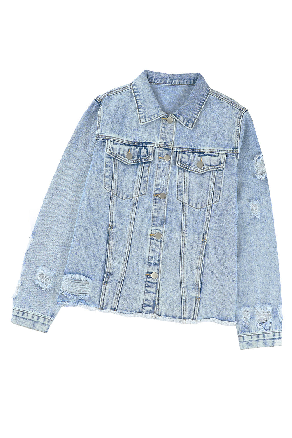 Himmelblaue Jeansjacke mit Distressed-Revers und unversäubertem Saum und Knöpfen