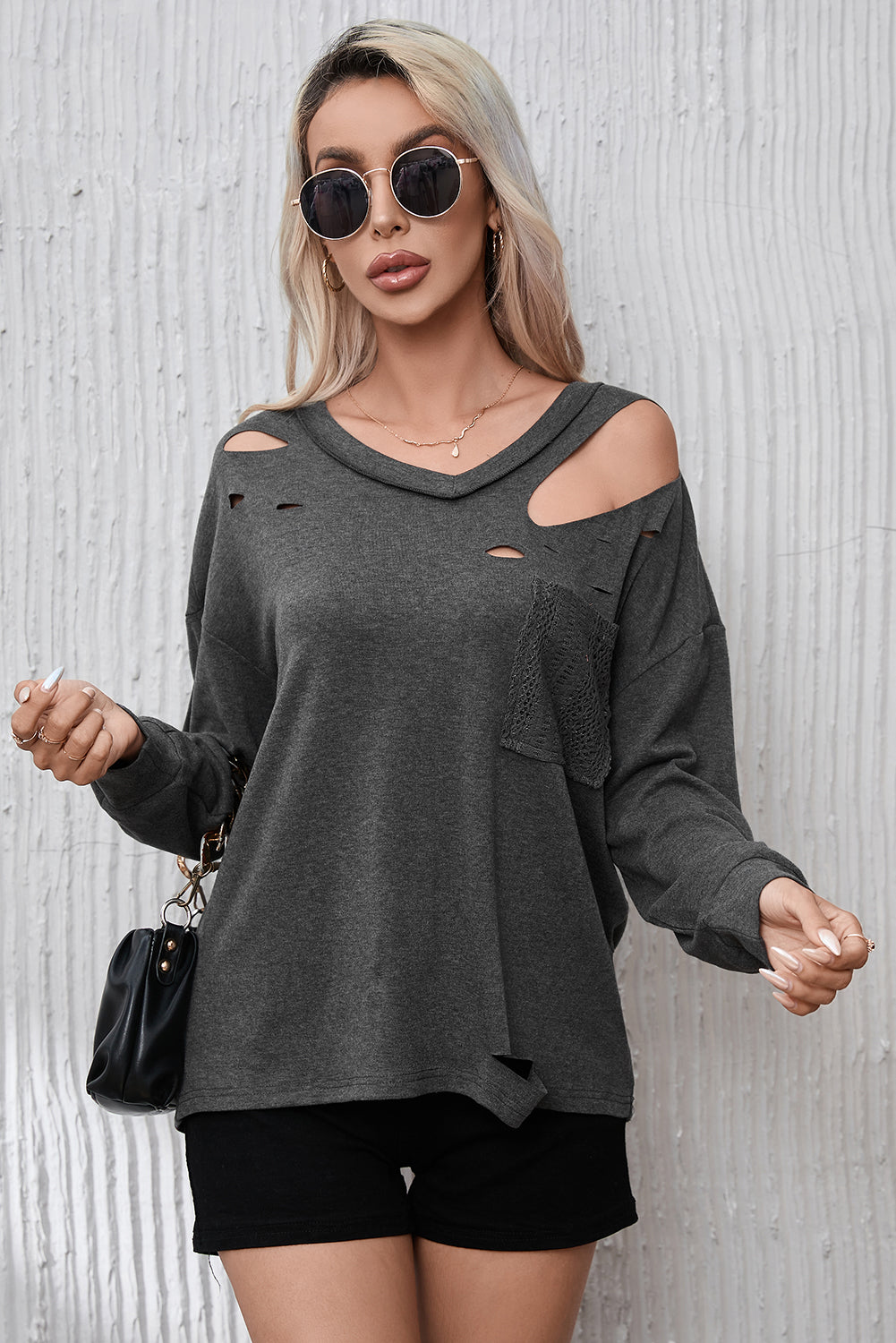 Gray Distressed V Neck Patch Pocket Long Sleeve Top