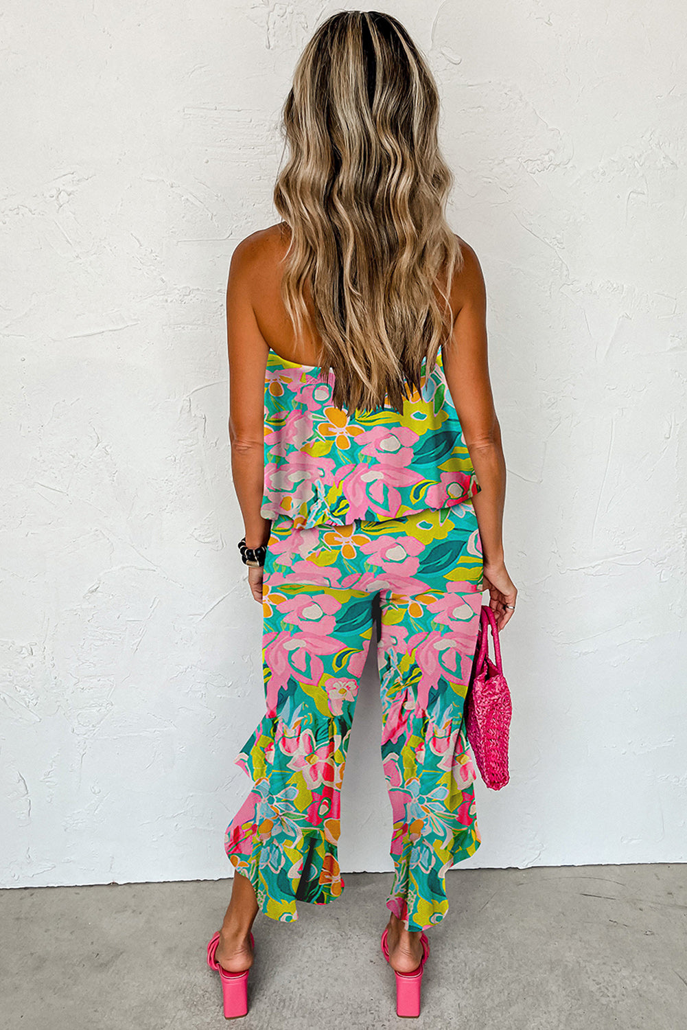 Red Mix Tropical Print Strapless Ruffled Jumpsuit