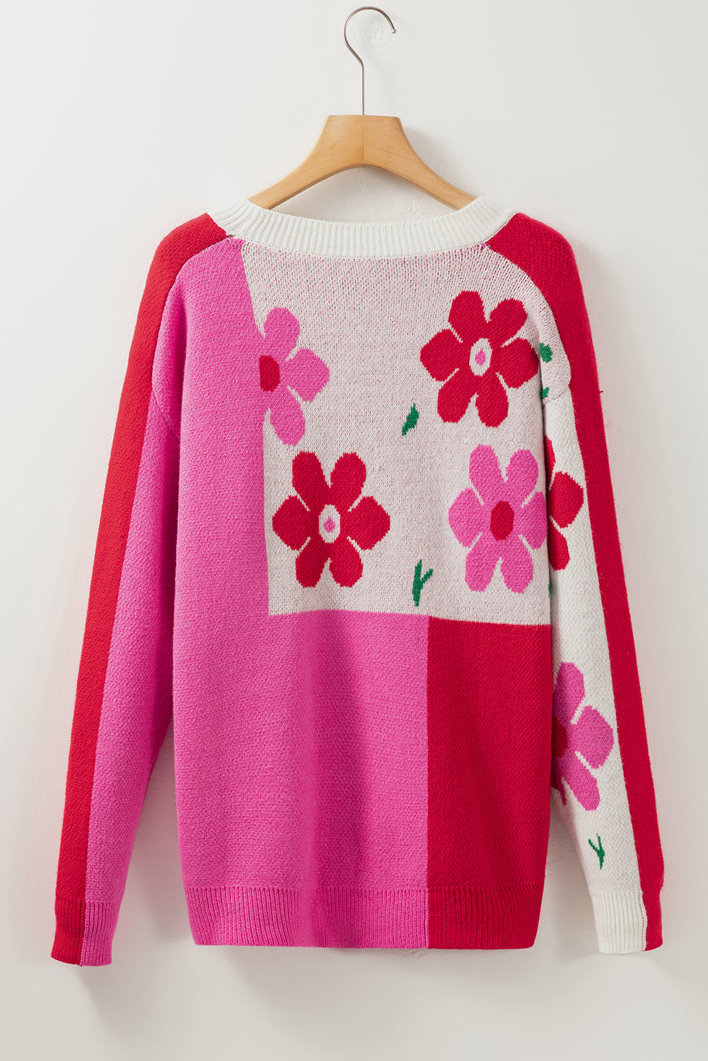 Rose Red Floral Mixed Color Block Sweater