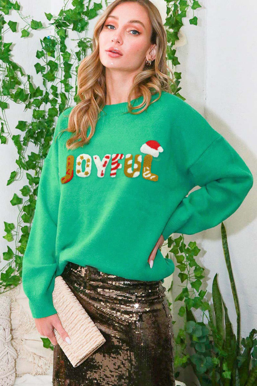 Maglione natalizio grafico JOYFUL con paillettes verde brillante