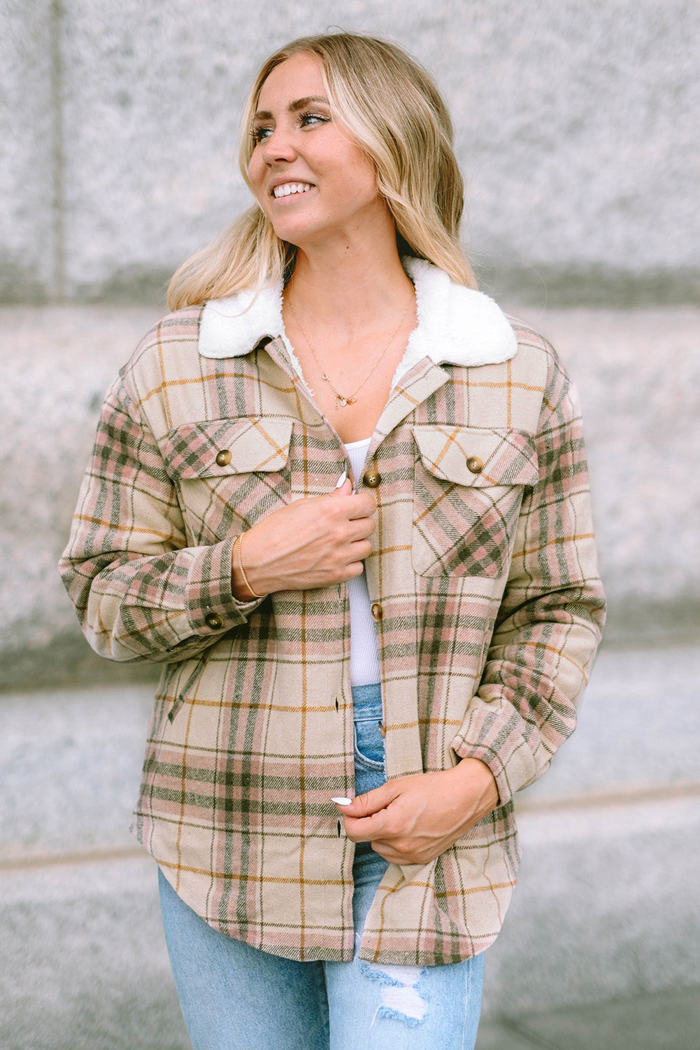 Pink Winter Sherpa Lined Plaid Shacket with Chest Pockets