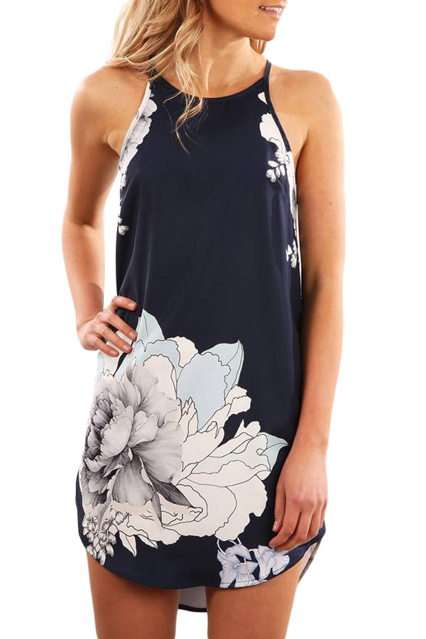 Marineblaues ärmelloses Kleid mit Blooming-Pfingstrosen-Print