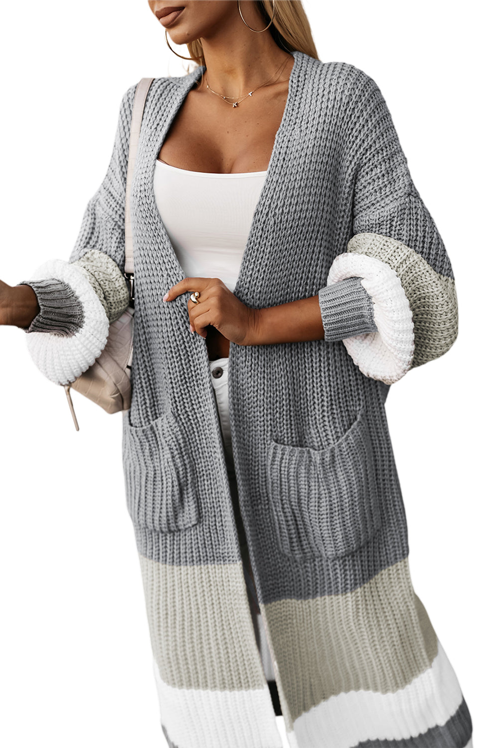 Gray Colorblock Cable Knit Side Pockets Duster Cardigan