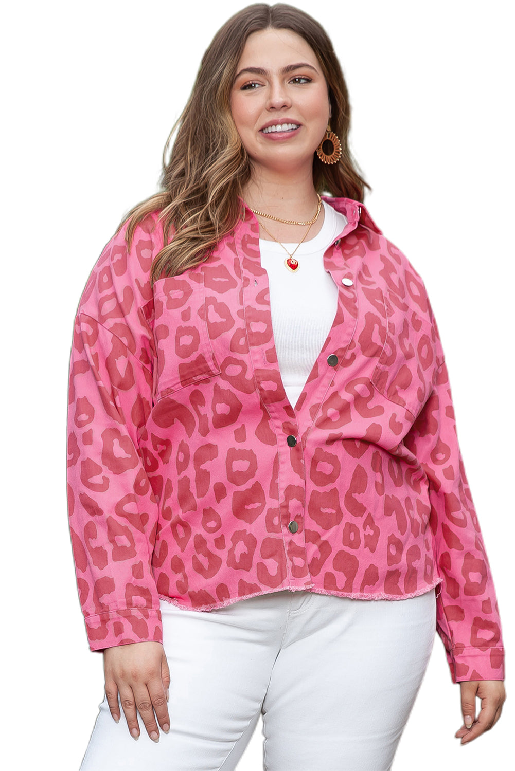 Veste rose à imprimé léopard, poignets boutonnés, ourlet brut, grande taille