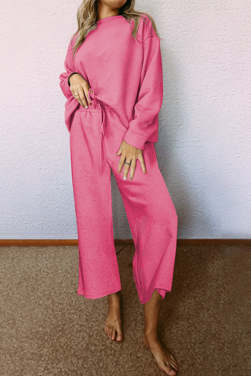 Strawberry Pink Ultra Loose Textured 2-delna Slouchy obleka