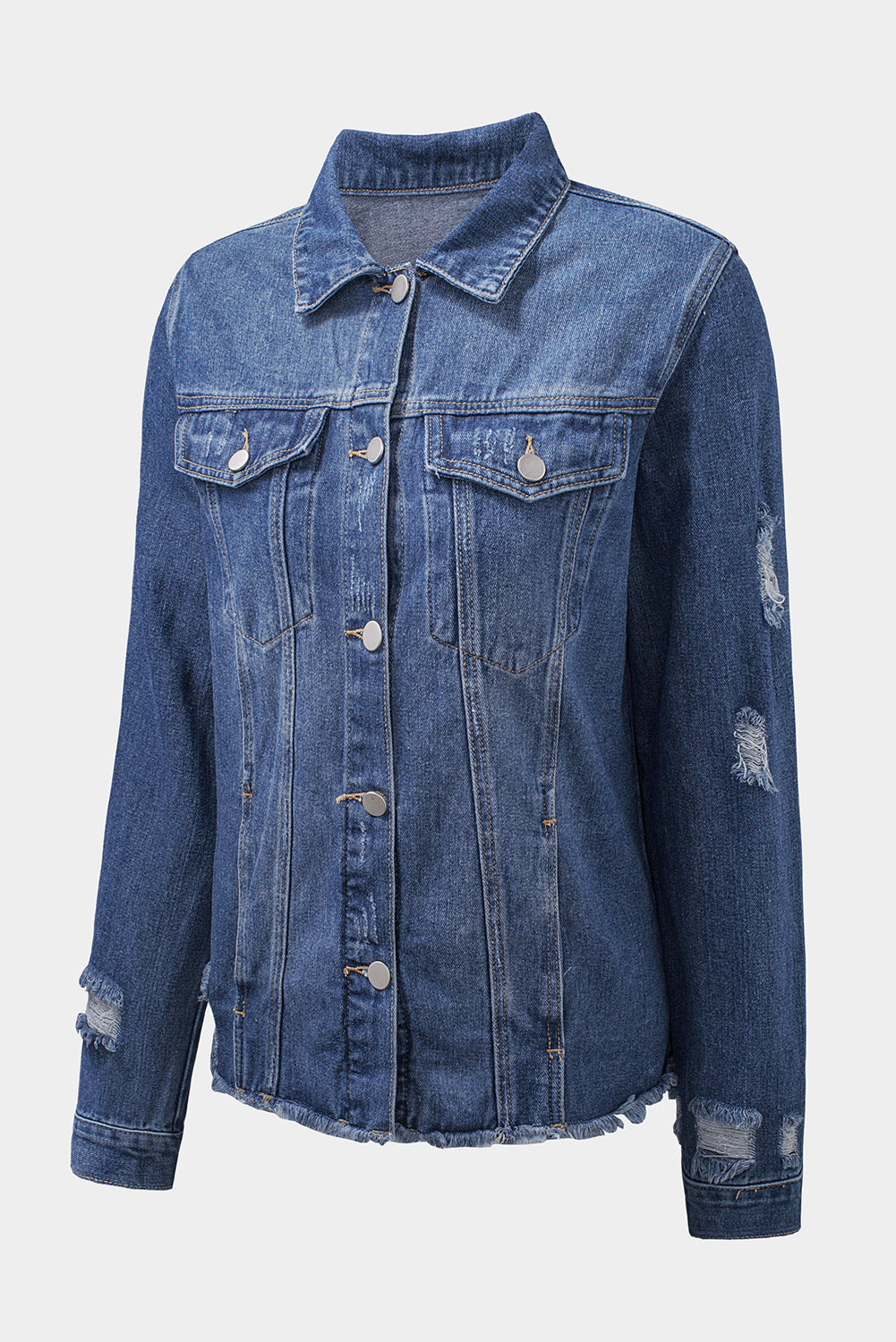 Veste en jean bleu ciel à revers et ourlet brut, boutons