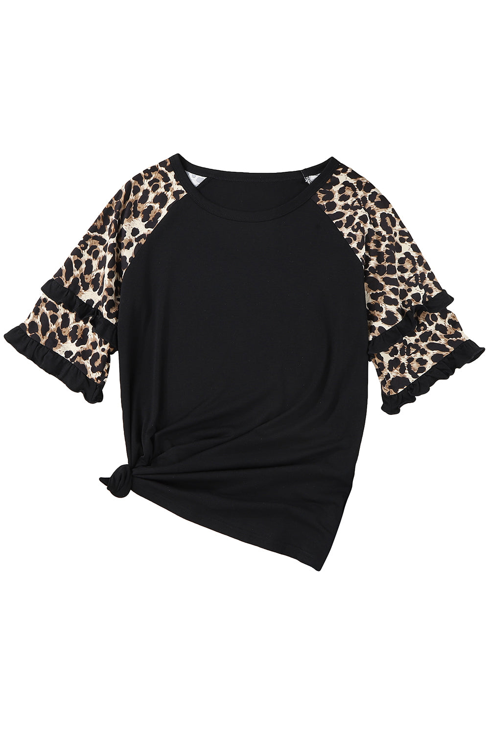 Crna majica s nabranim leopard rukavima od krpa