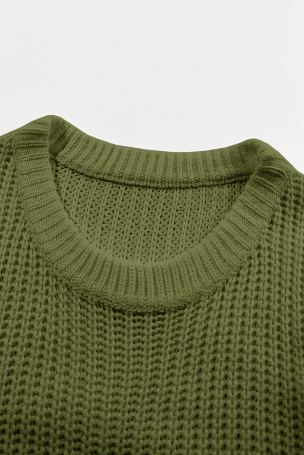 Khaki Ribbed Knit Round Neck Slouchy Chunky Sweater