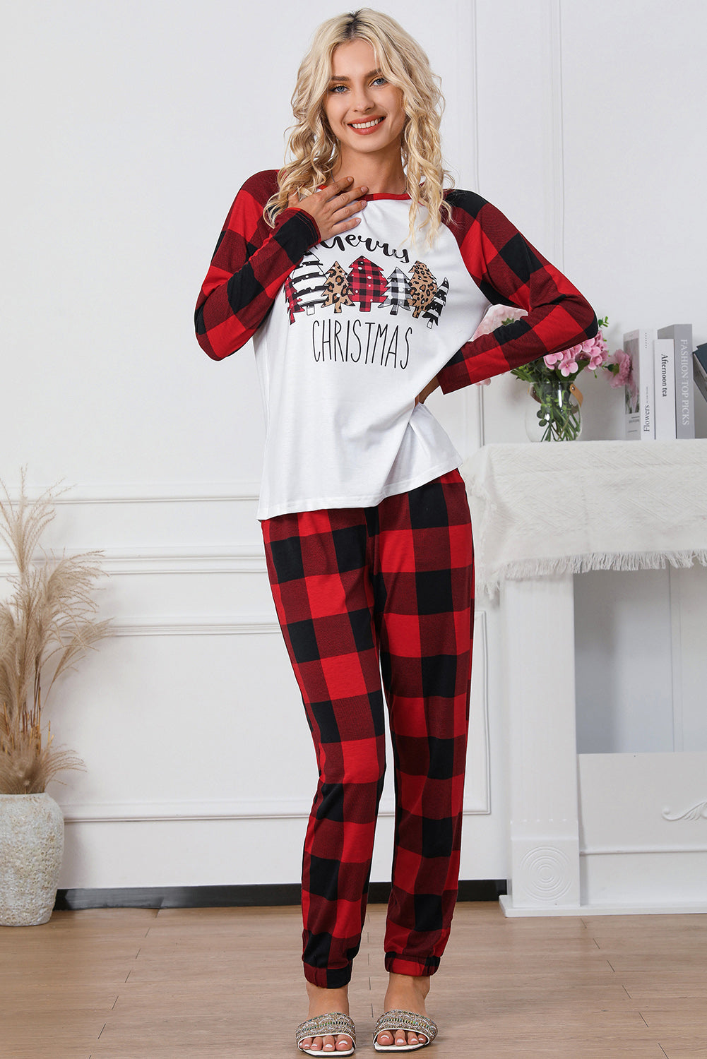 Set loungewear grafico di buon Natale scozzese rosso fuoco