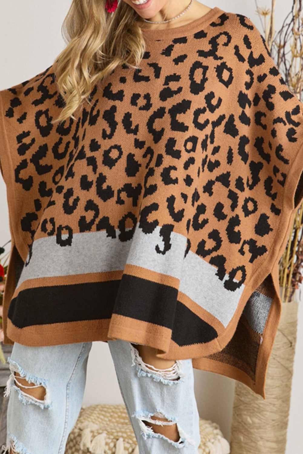 Pončo pulover s kamel leopard printom