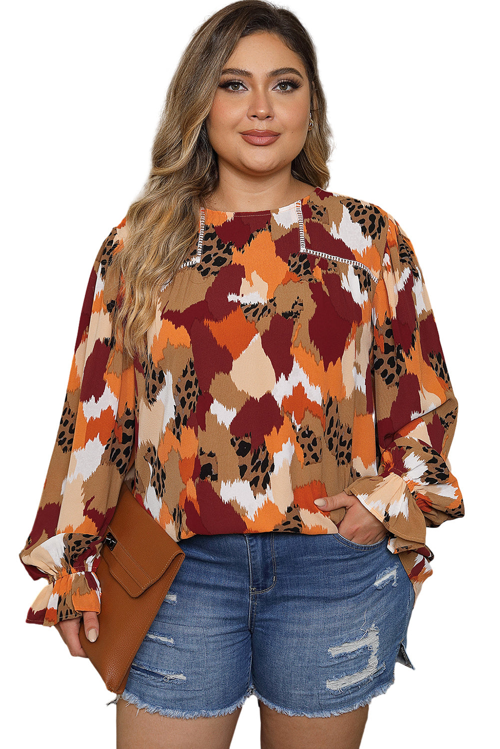Mehrfarbige Plus-Size-Bluse mit abstraktem Print und Puffärmeln