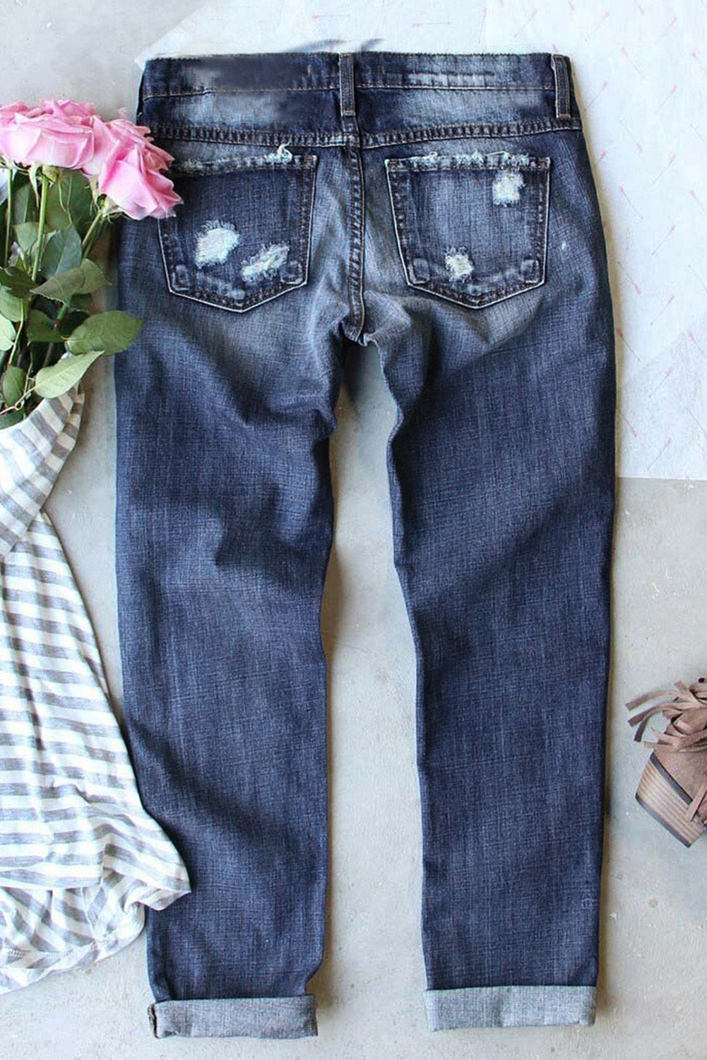 Jeans a vita alta invecchiati patchwork con stampa leopardata floreale grigia
