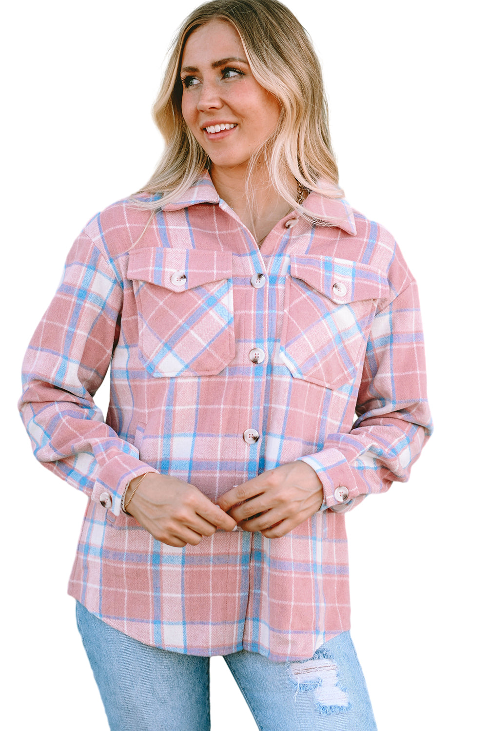Rožnata karirasta flanelasta žepna majica s preklopom