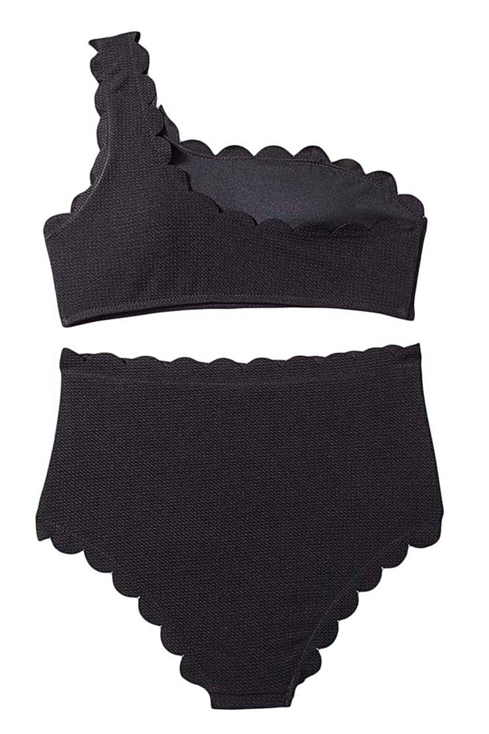 Schwarzer einfarbiger One-Shoulder-Bikini mit Wellenschliff