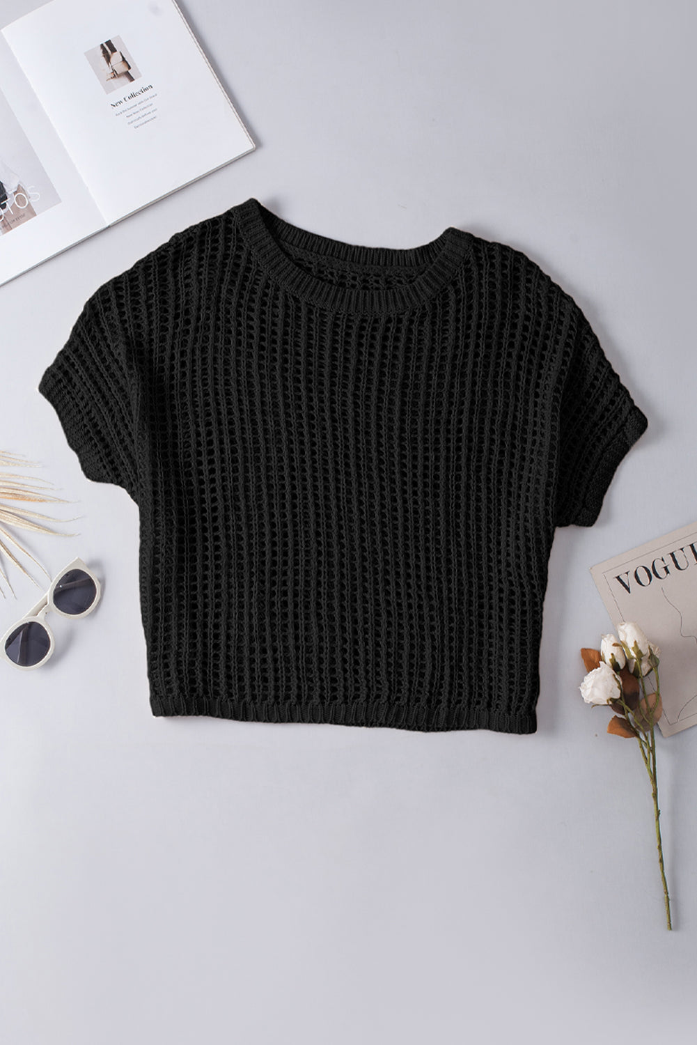 T-shirt maglione a maniche corte con collo rotondo a coste in maglia a rete nera