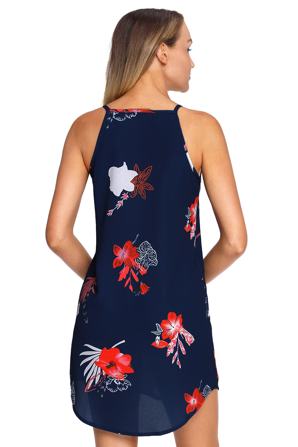 Blühendes ärmelloses Kleid in Marineblau mit Blumenmuster in Rot