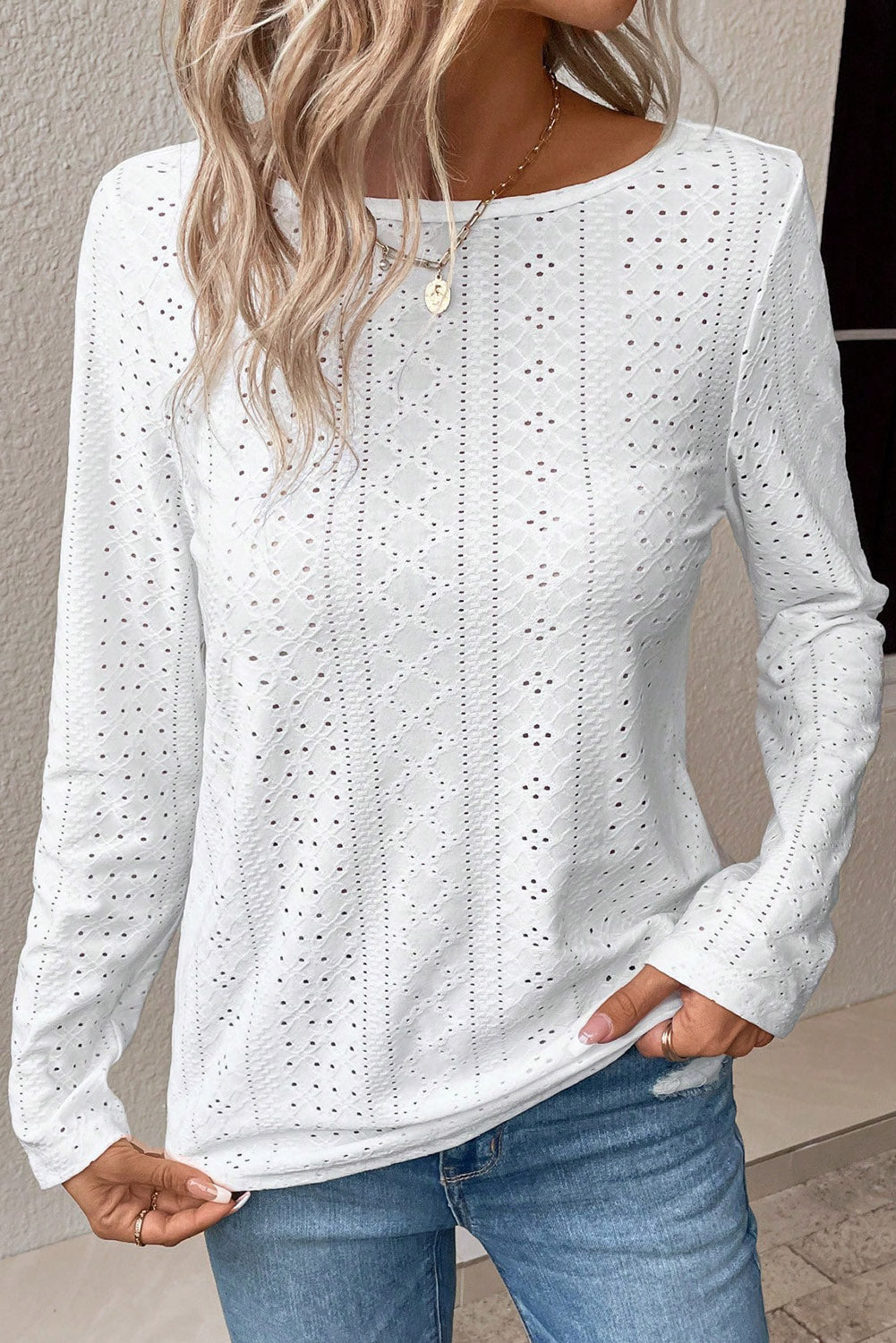 Light Pink Floral Lace Splicing Eyelet Long Sleeve Top