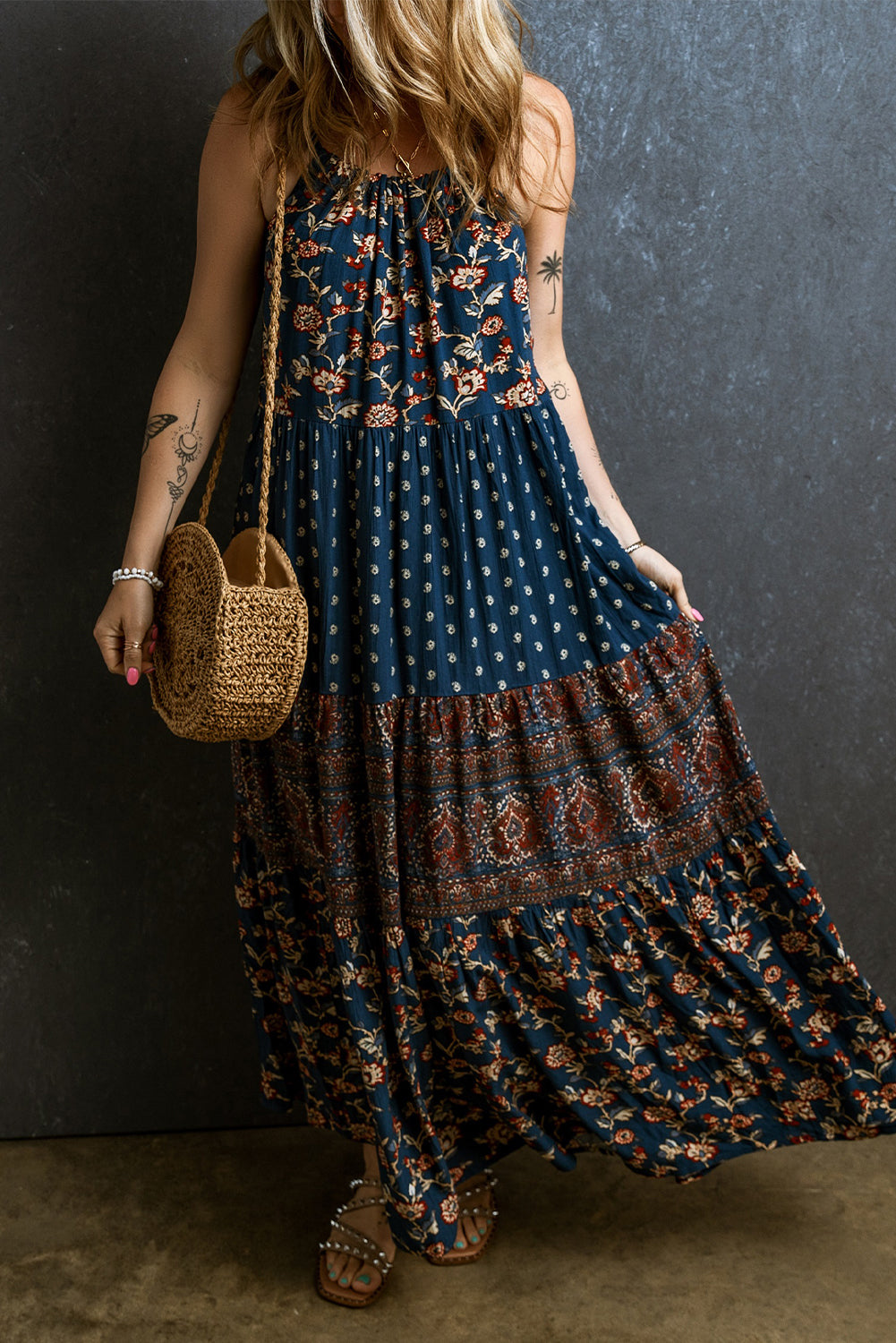 Blue Boho Floral Splicing Sleeveless Maxi Dress