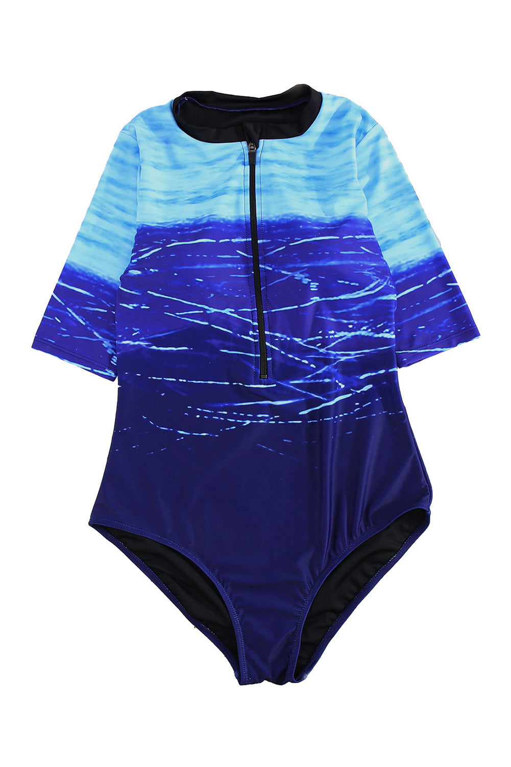 Jednodijelni kupaći kostim s plavim printom i patentnim zatvaračem sprijeda do pola rukava