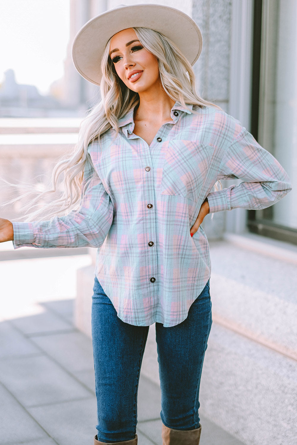 Pink Collared Neckline Plaid Pattern Long Sleeve Shirt