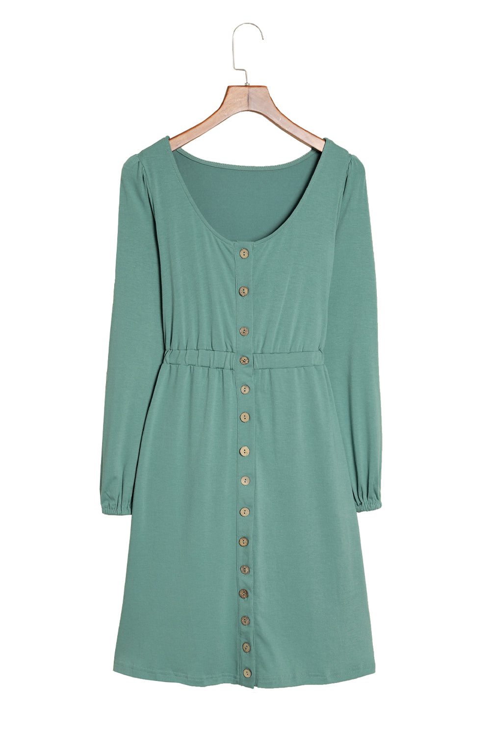 Grünes, langärmliges Kleid mit Knopfleiste und hoher Taille