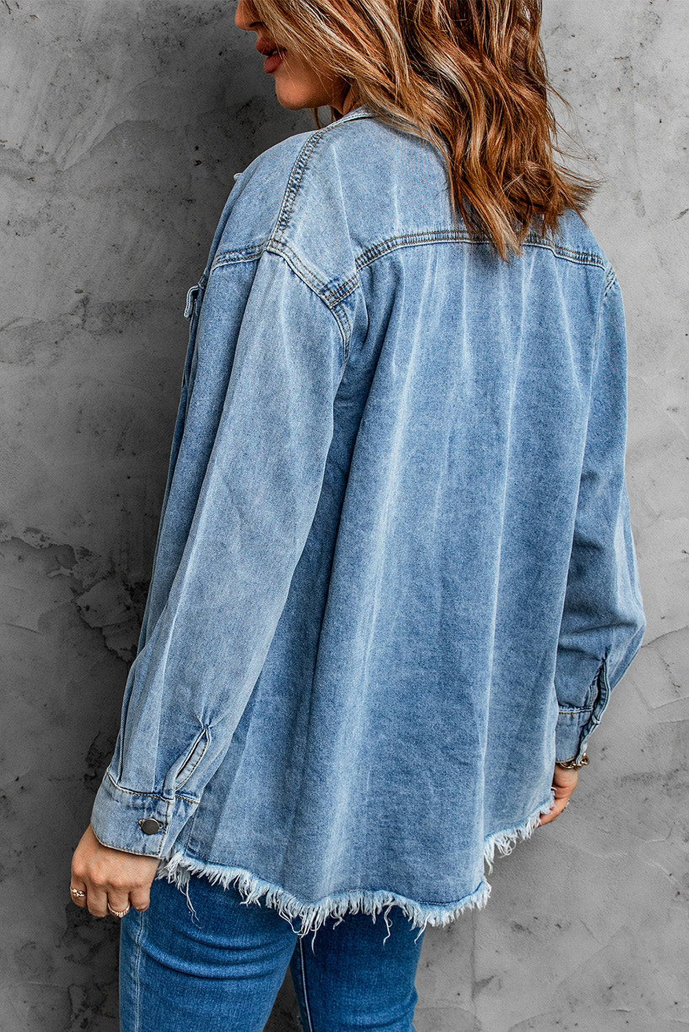 Sky Blue Pocket Raw Hem Buttoned Denim Jacket