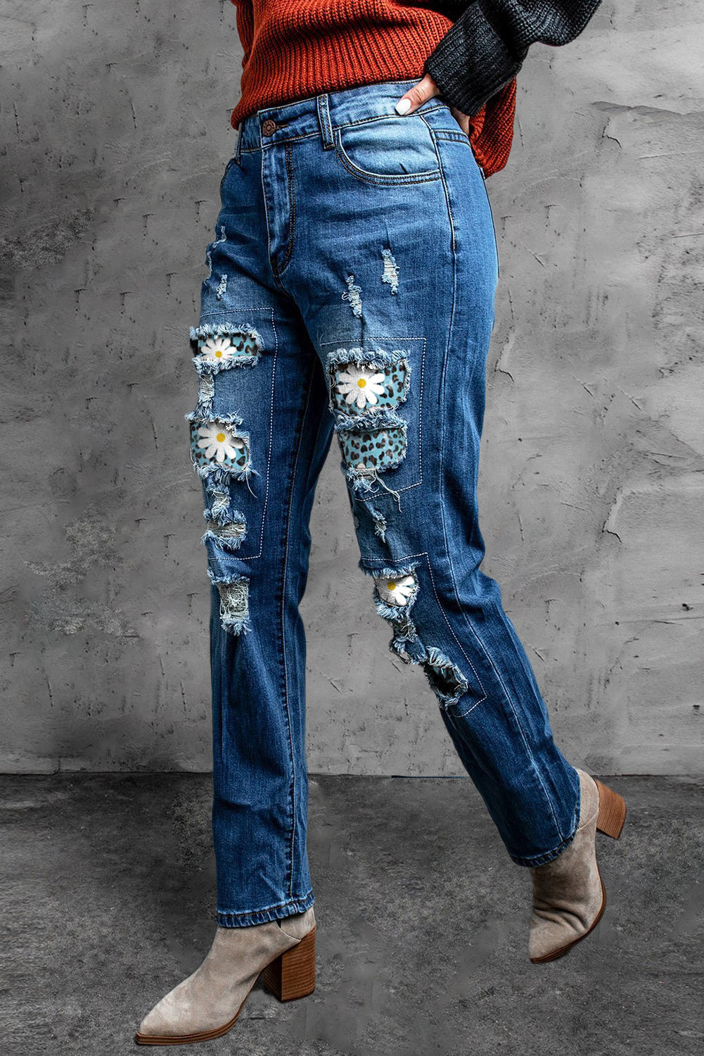 Daisy Leopard Patchwork Distressed Straight Leg Jeans