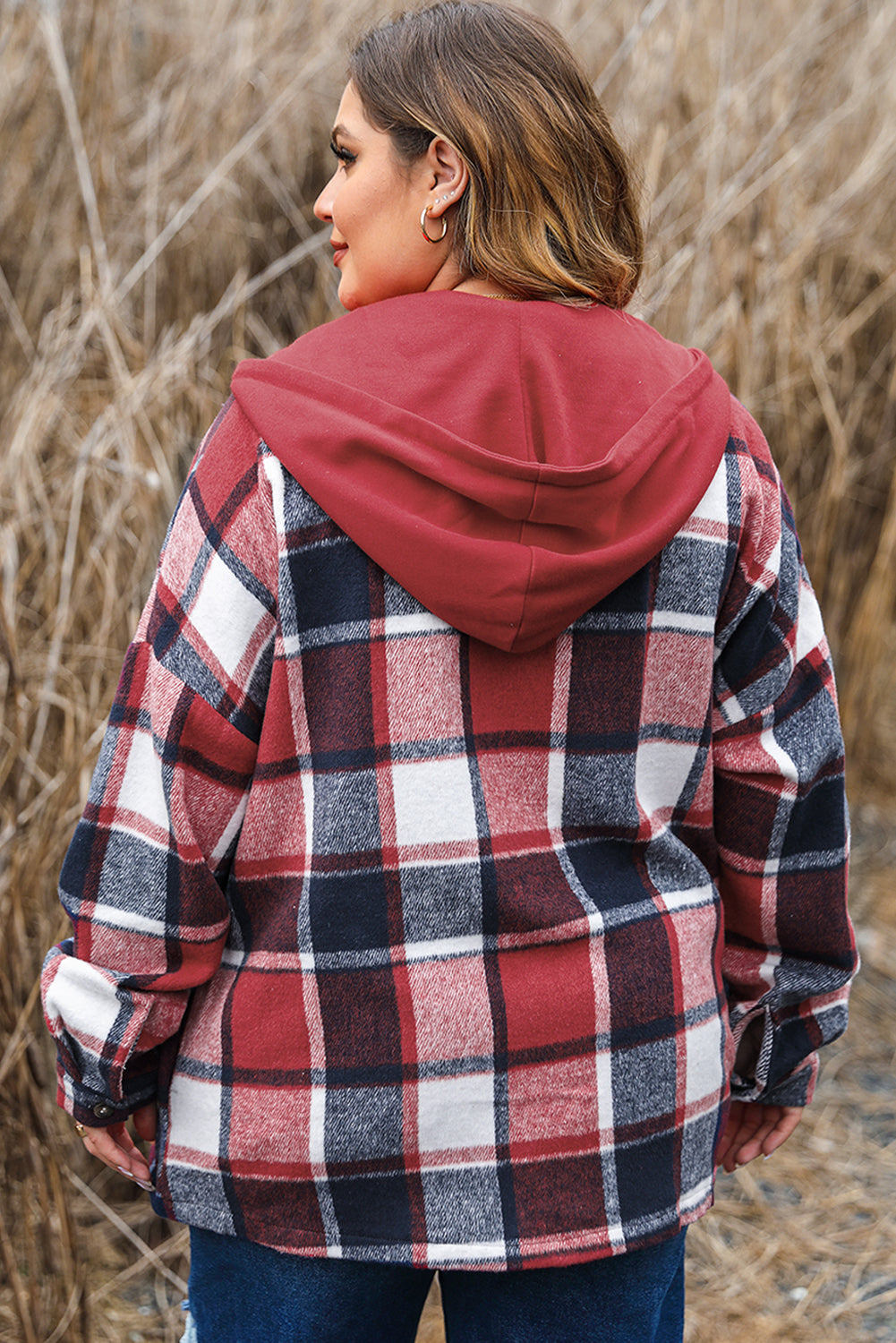 Veste à capuche boutonnée à carreaux imprimée grande taille rouge