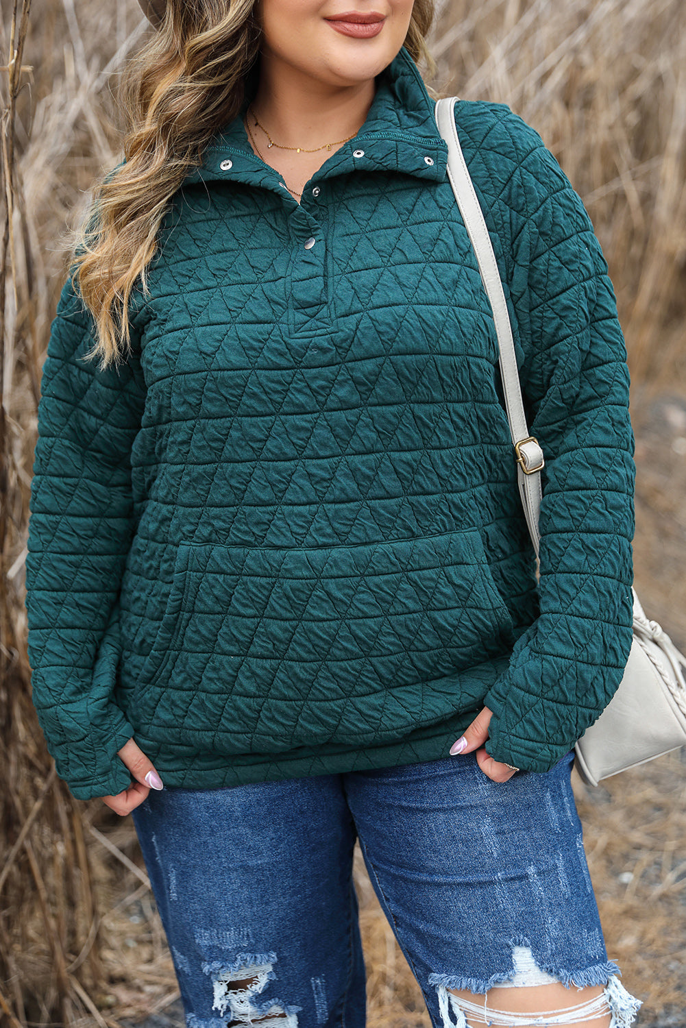Blackish Green Plus Size Quarter Buttoned Pocketed Quilted Sweatshirt