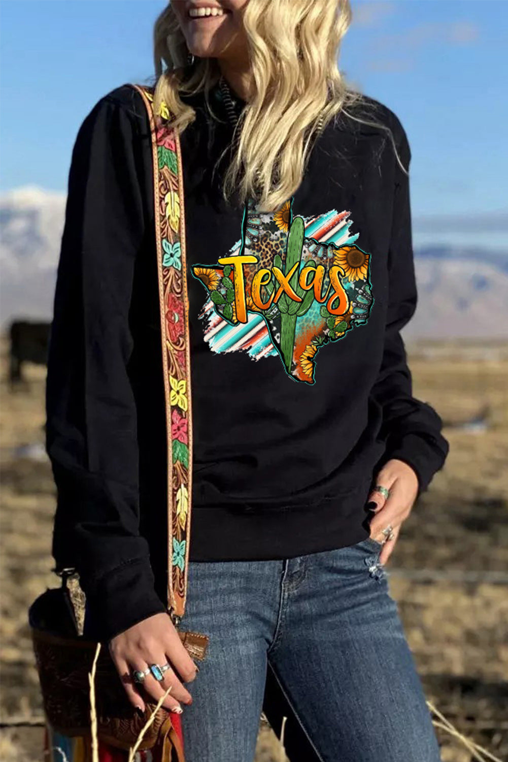 Texas Leopard Sunflower Turquoise Serape Cowboy Graphic Sweatshirt