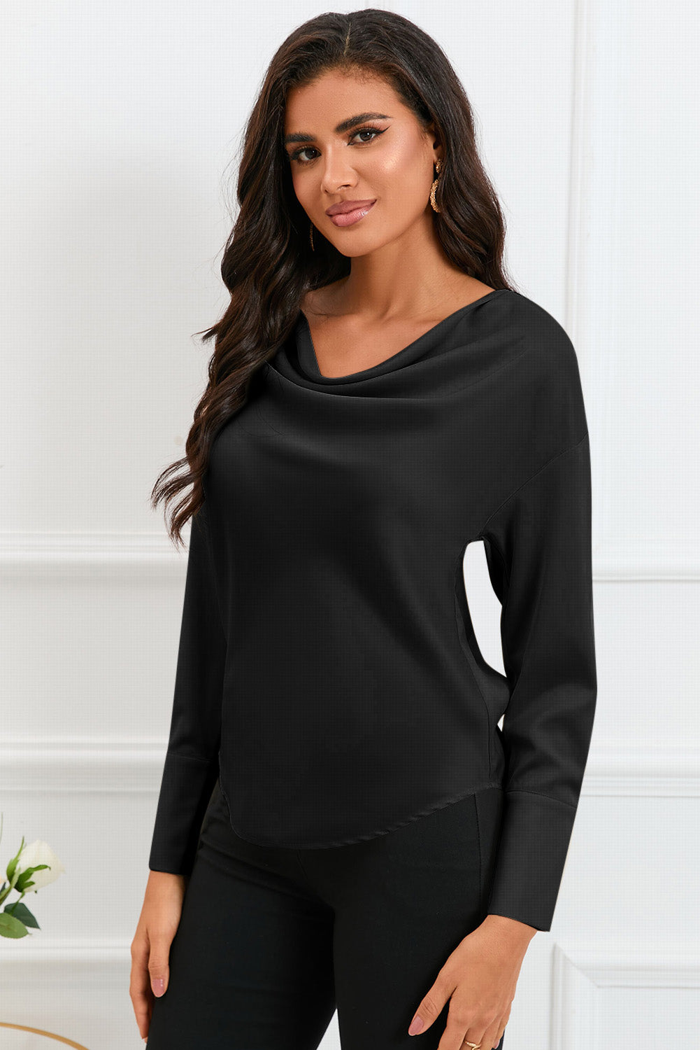 Black Cowl Neck Long Sleeve Elegant Blouse