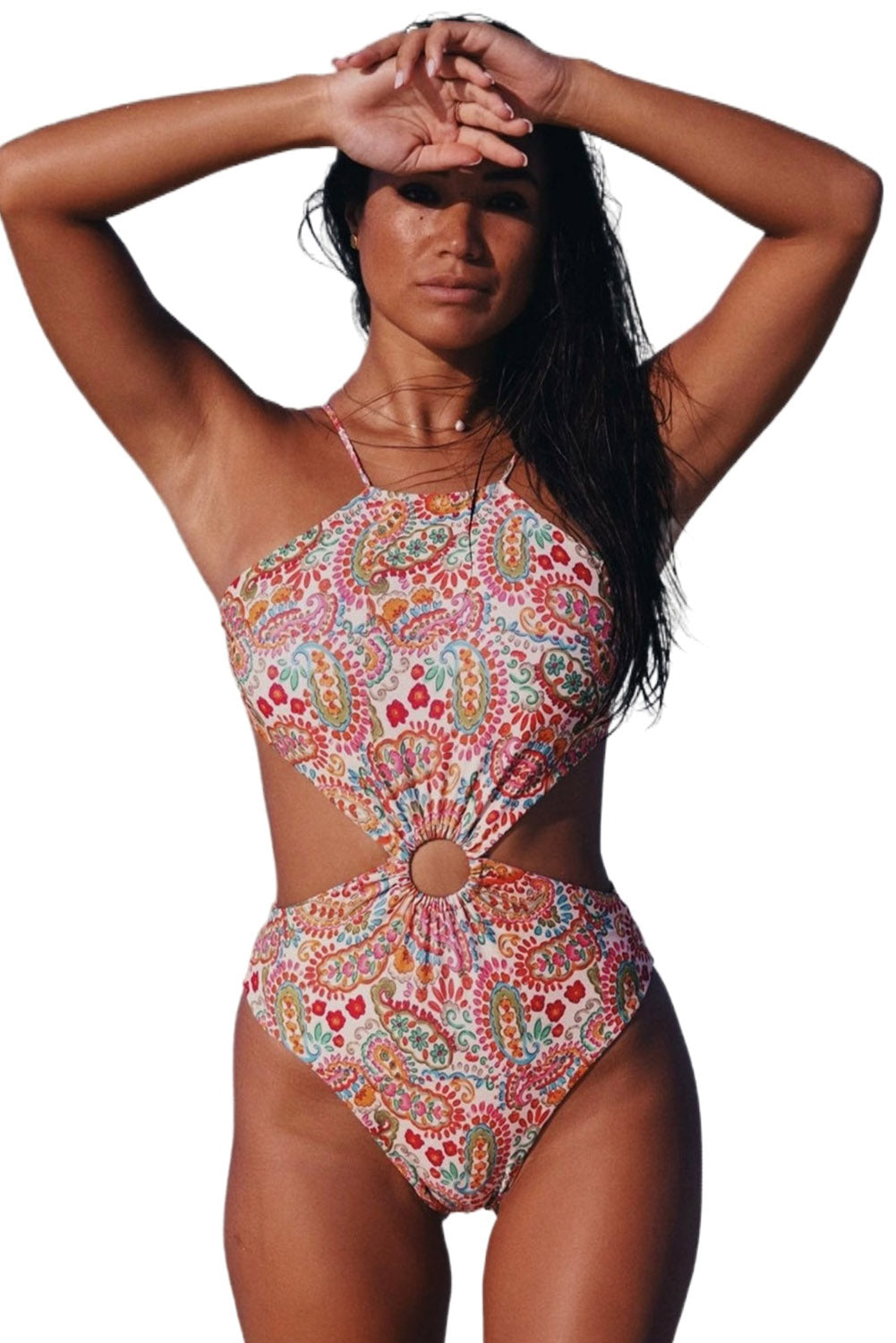 Multicolor Floral Print O-ring Lace-up Backless One Piece Swimsuit