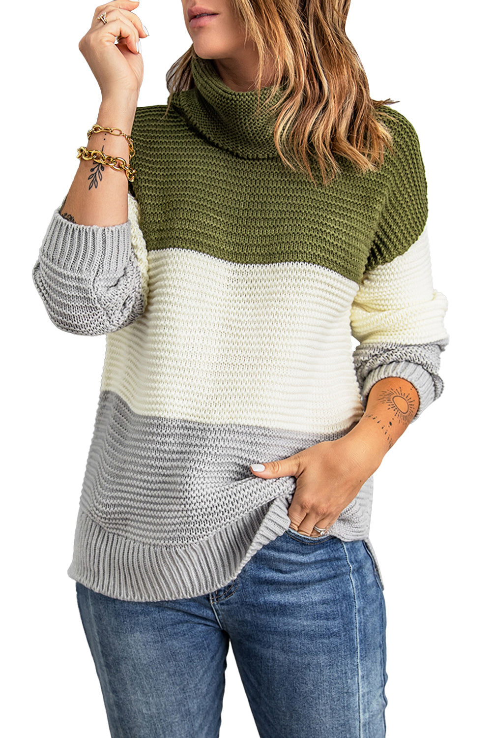 Green Turtleneck Color Block Pullover Sweater