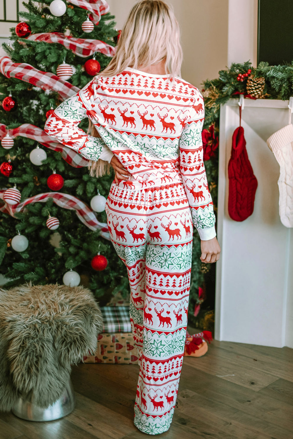 Bright White Christmas Print Pullover and Pants Lounge Set