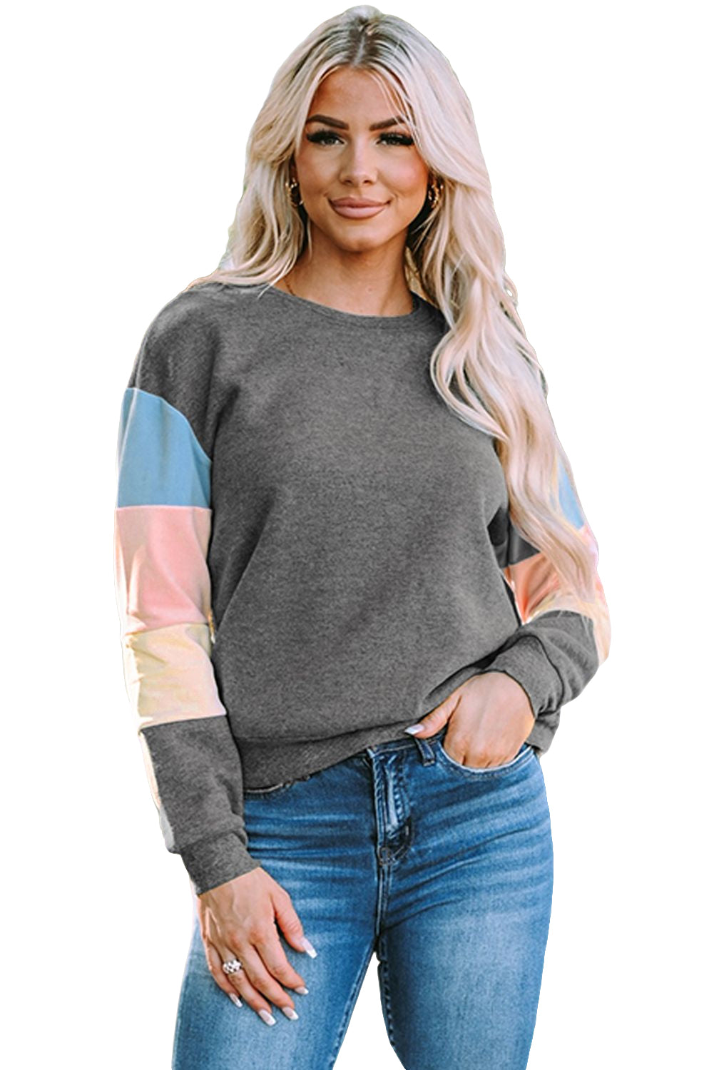 Graues Colorblock-Langarm-Pullover-Sweatshirt