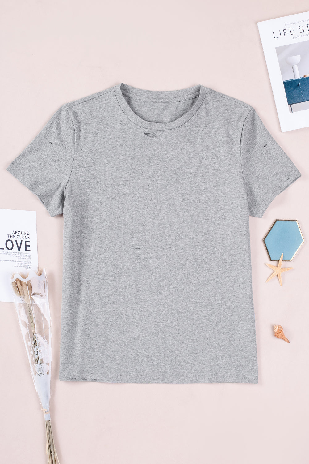 Gray Ripped Solid Color Short Sleeve T Shirt