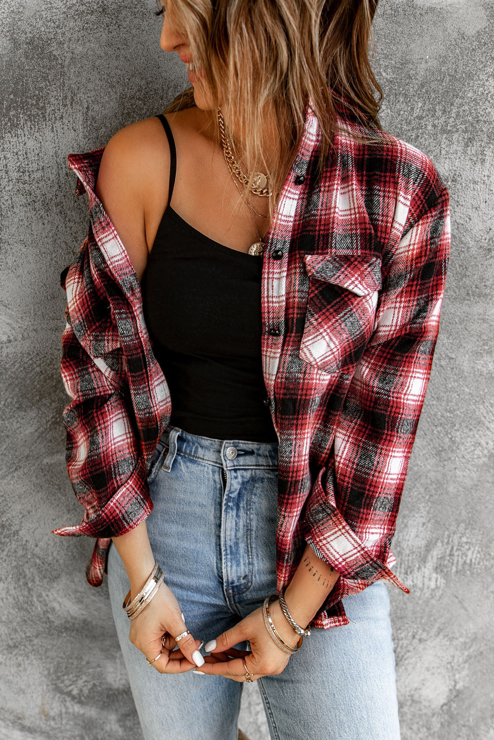 Fiery Red Buttons Pocketed Plaid Shacket