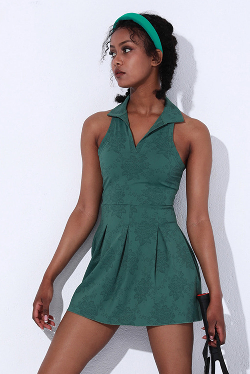 Blackish Green Sleeveless V Neck Shirt Collar Sports Mini Dress