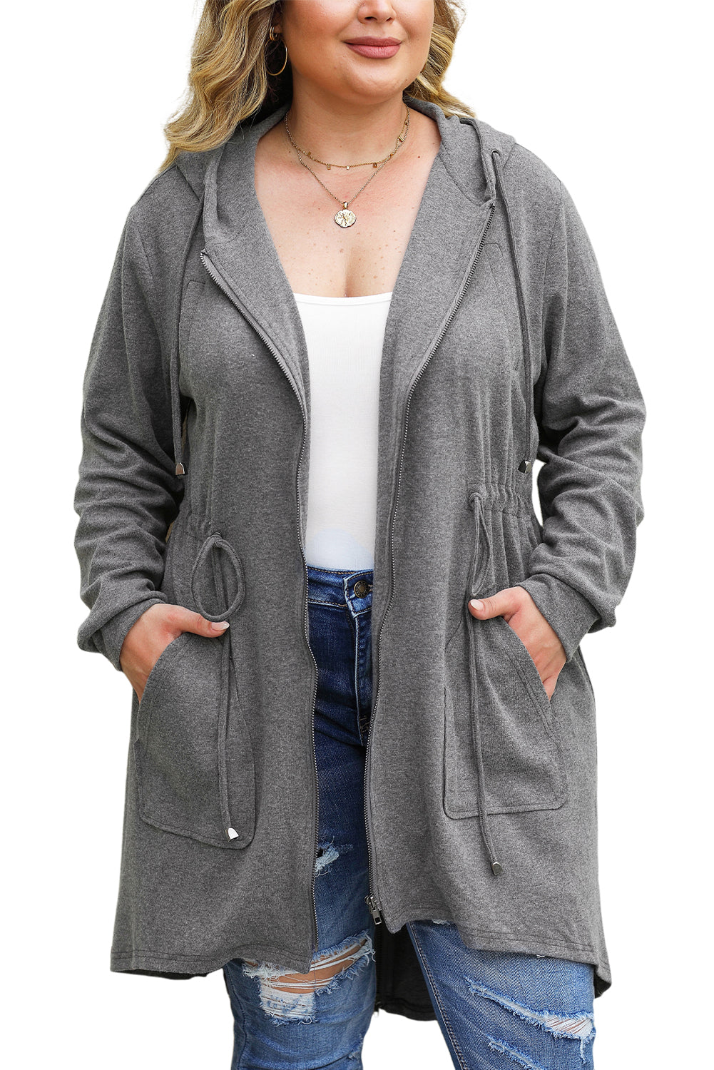 Veste à capuche haute et basse avec cordon de serrage de grande taille grise
