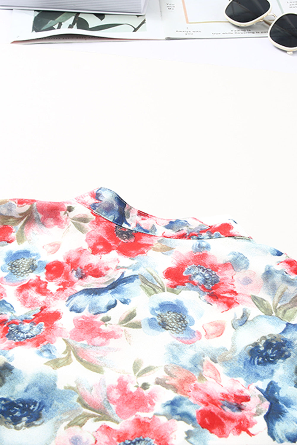 Robe fluide à cordon de serrage à imprimé floral vintage bleu ciel