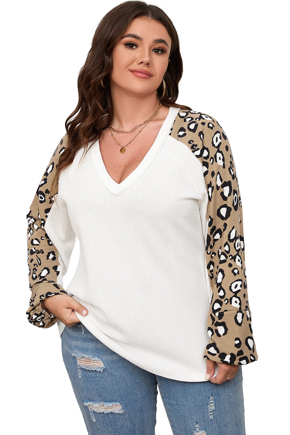 Majica s dugim rukavima u obliku kontrastnog leoparda s uzorkom velike veličine i bež boje