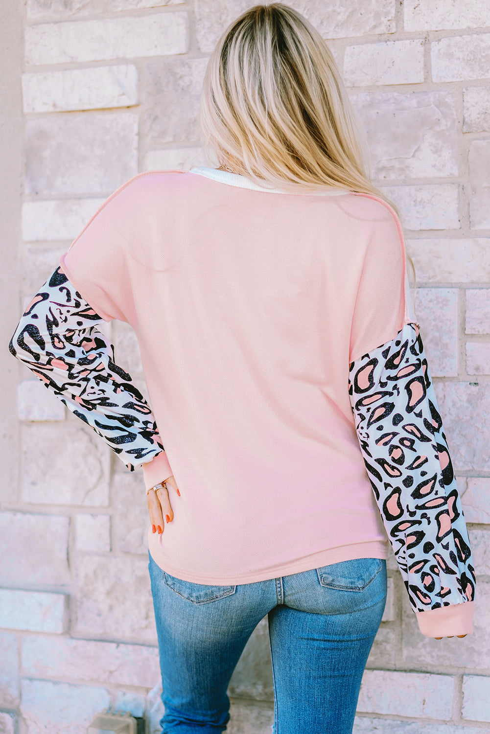 Haut en tricot gaufré patchwork à manches léopard Parchment