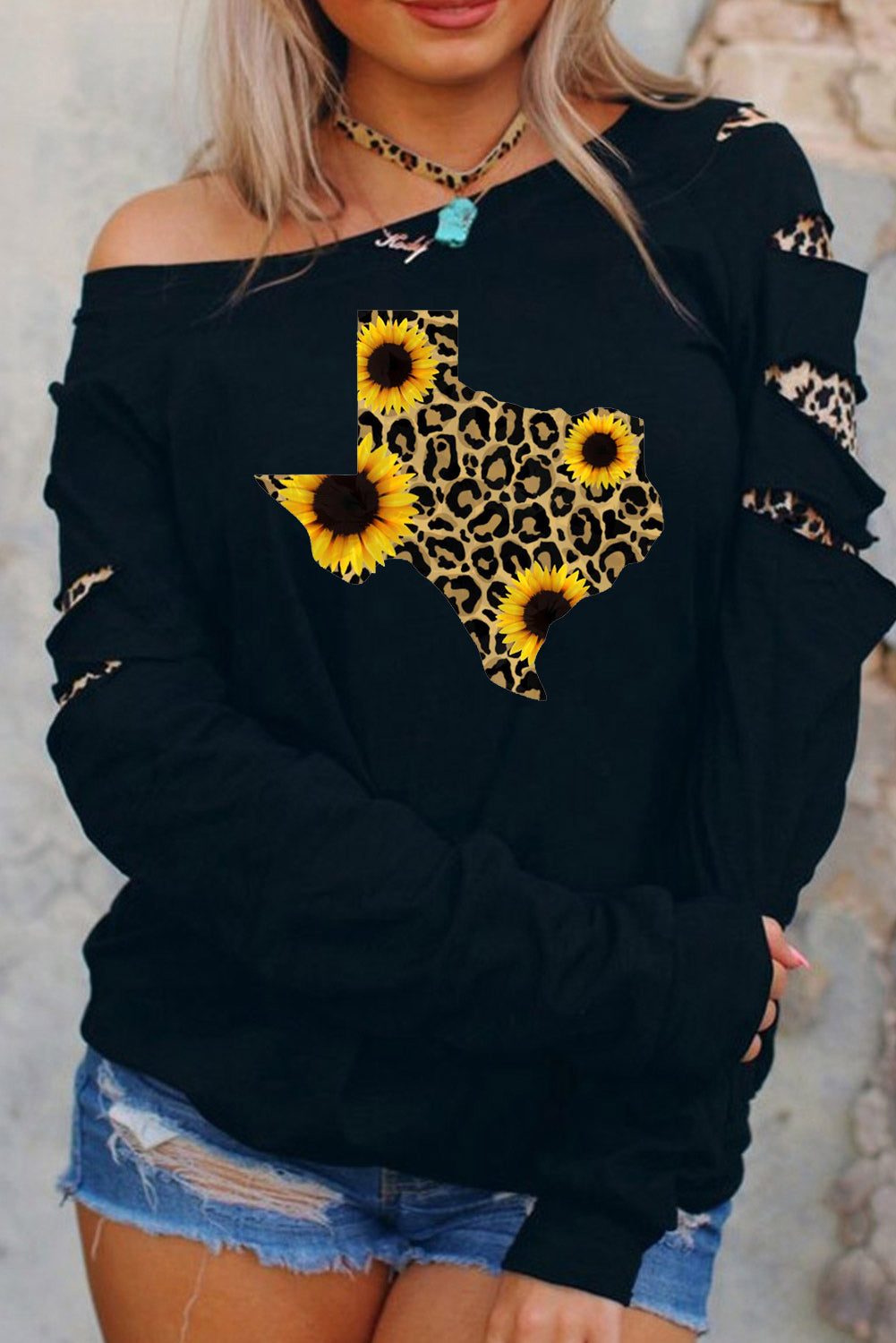 Langarm-Sweatshirt mit Leoparden- und Sonnenblumen-Patchwork-Ausschnitt