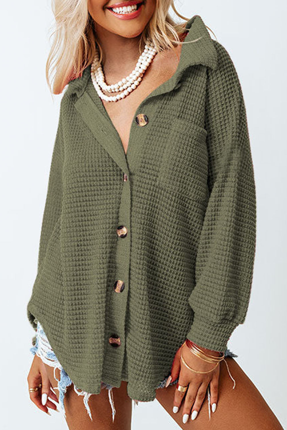Camicia casual con bottoni in maglia waffle verde